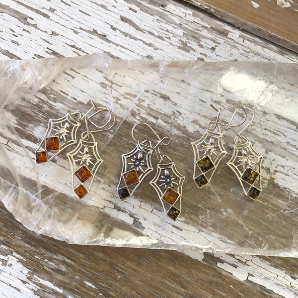Amber Spider on Web Dangling Earrings - Sterling Silver