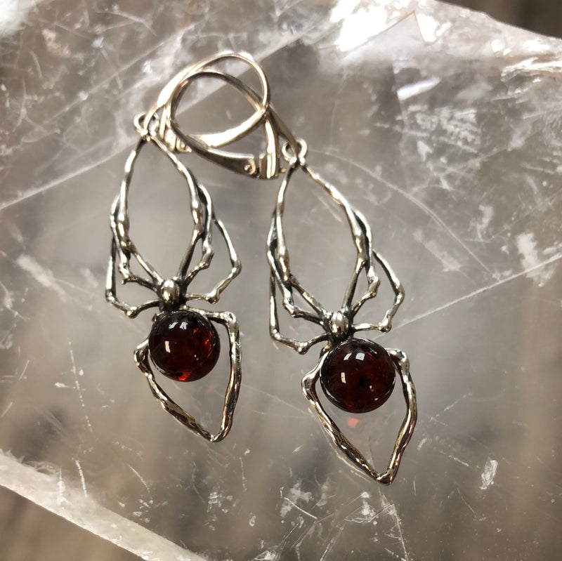 Cherry Amber Spider Dangling Earrings - Sterling Silver