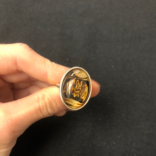 Etched Amber Bat Ring - Size 7.5 - Adjustable