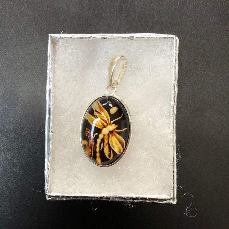 Hand Carved Amber Dragonfly Sterling Silver Pendant