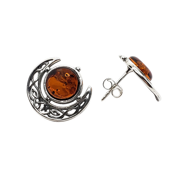 Baltic Amber Celtic Moon Stud Earrings - Sterling Silver
