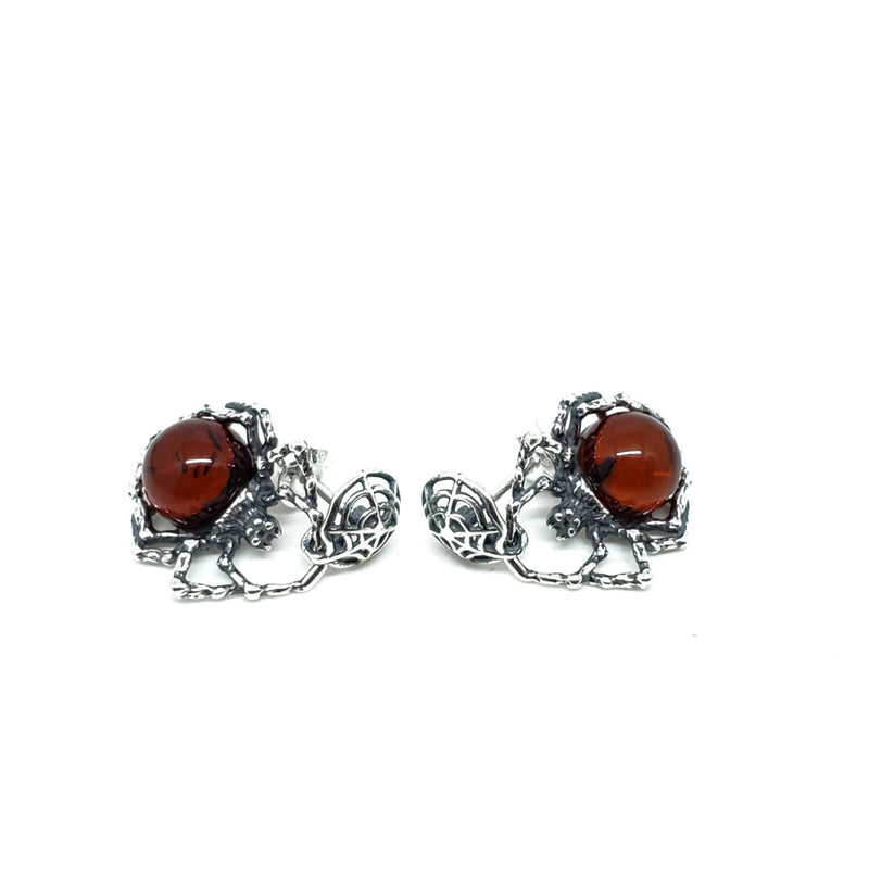 Cherry Amber Spider Dangling on Web Earrings - Sterling Silver